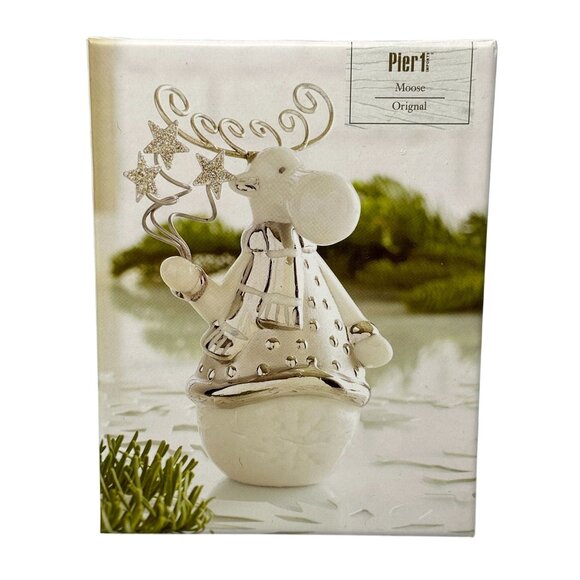 Pier 1 Moose Ornament Silver White Porcelain Holiday Decor Collectible 4.5 In - Picture 1 of 8